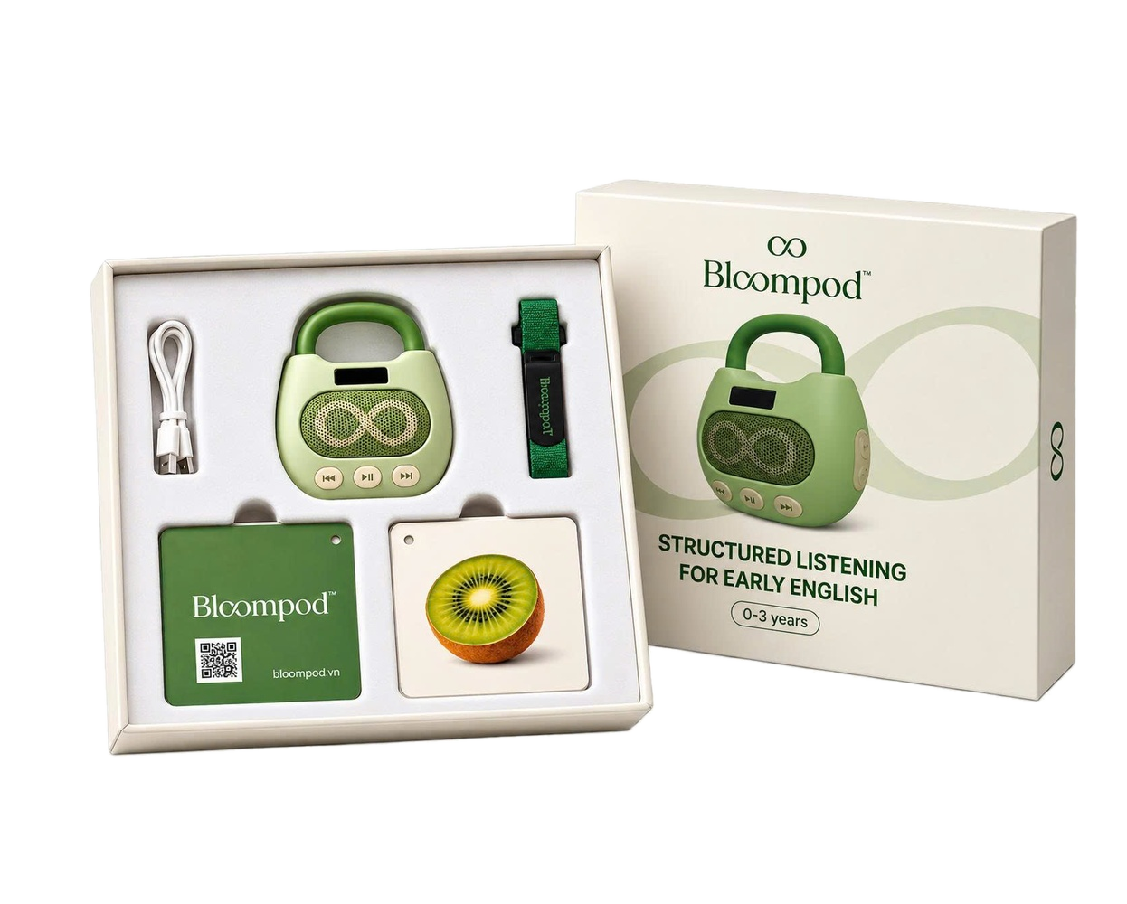 Bloompod audio player with English flashcards, strap and charging cable